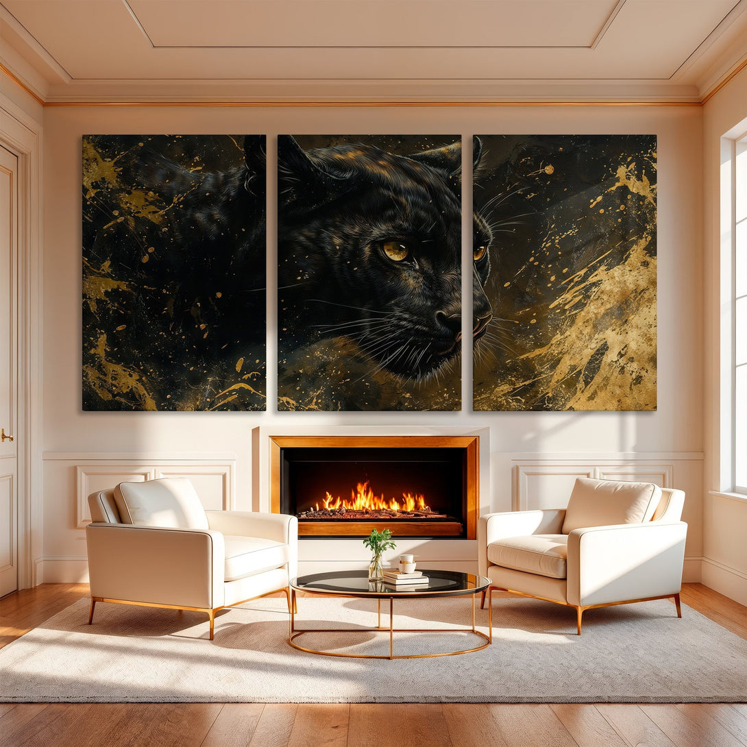 Canvas Print of a majestic black panther with gold accents, displayed in a luxurious interior. Dramatic, modern art with a black and gold color palette.