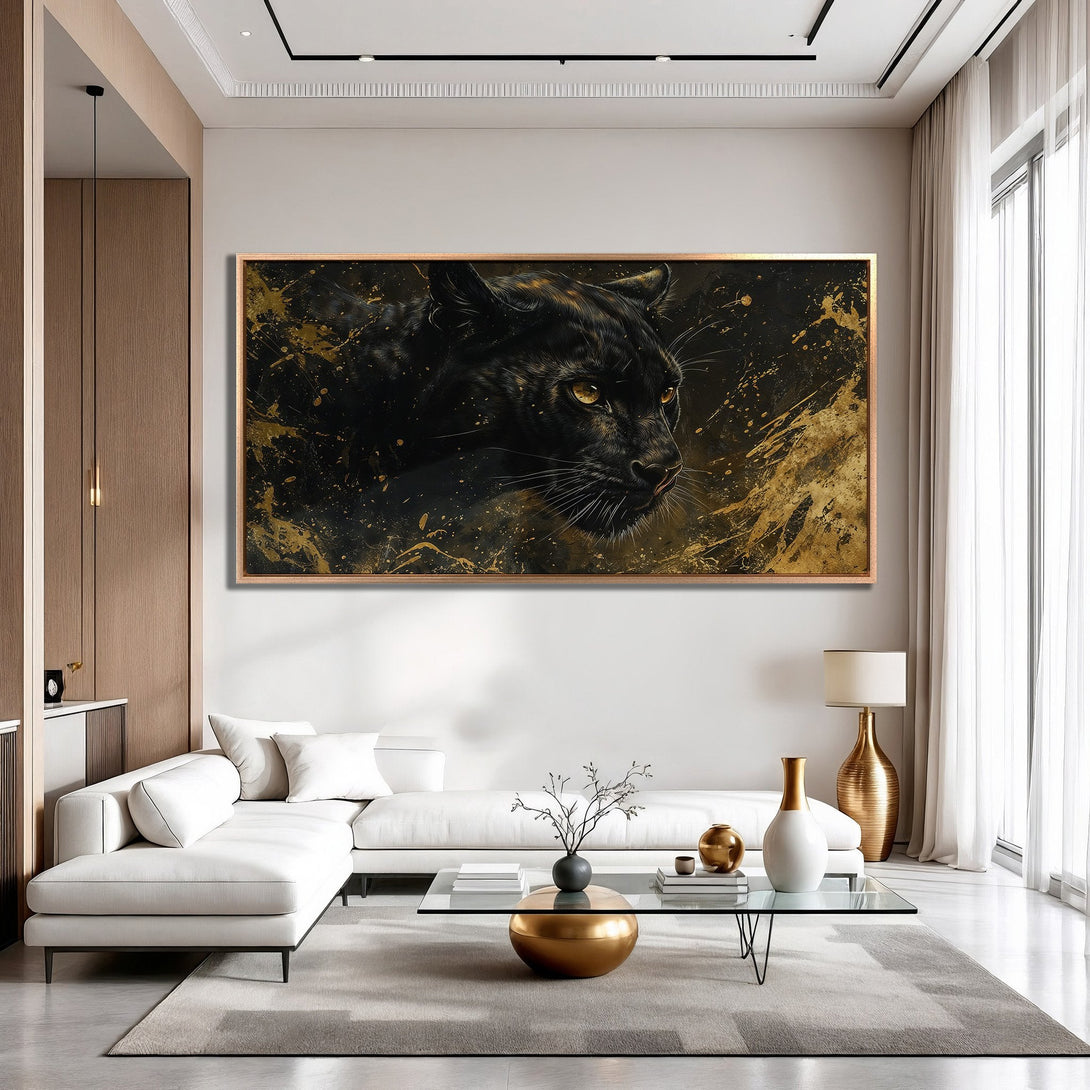 Framed Wall Art: Black panther portrait with gold accents. Modern, abstract style in a luxurious black and gold color palette. Elevate your space!