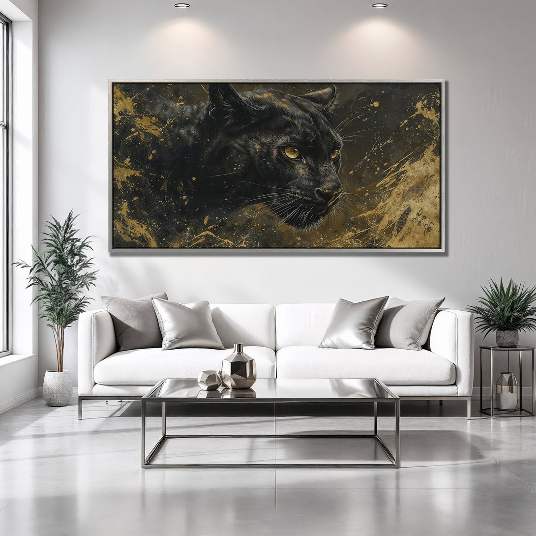 Framed Wall Art: Majestic black panther portrait with gold accents. Modern art in a neutral interior. Elevate your space with this stunning canvas print.