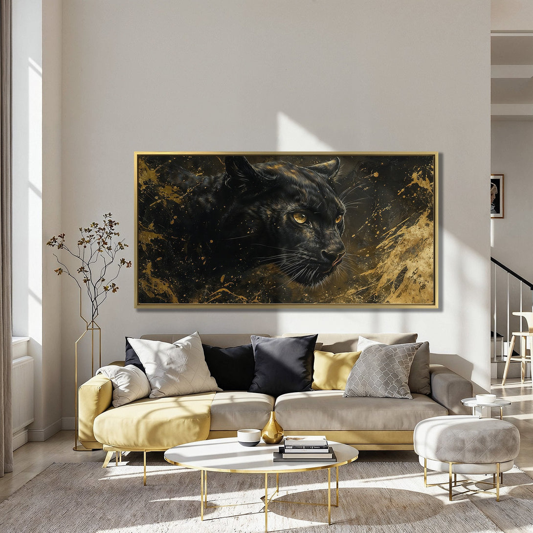 Canvas Print featuring a majestic black panther with gold accents. Dramatic wall art in a dark, luxurious color palette. Perfect for modern decor.