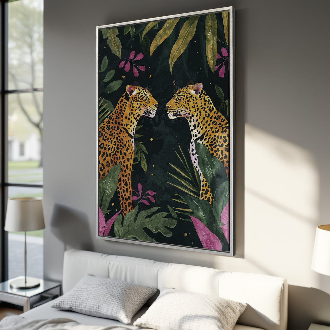 Framed Wall Art featuring leopards in a jungle scene. Watercolor style with a dark green, pink, and gold color palette. Perfect for adding a touch of the wild.