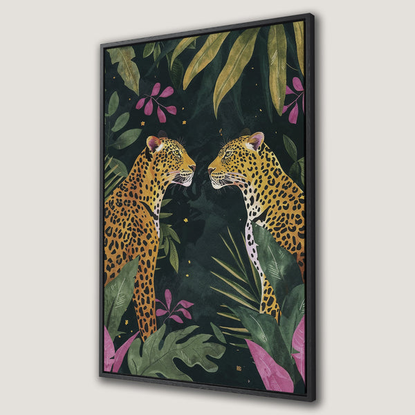 Framed Wall Art featuring two leopards in a jungle scene. Watercolor-style artwork with a dark green, gold, and pink color palette. Perfect for adding a touch of the wild.
