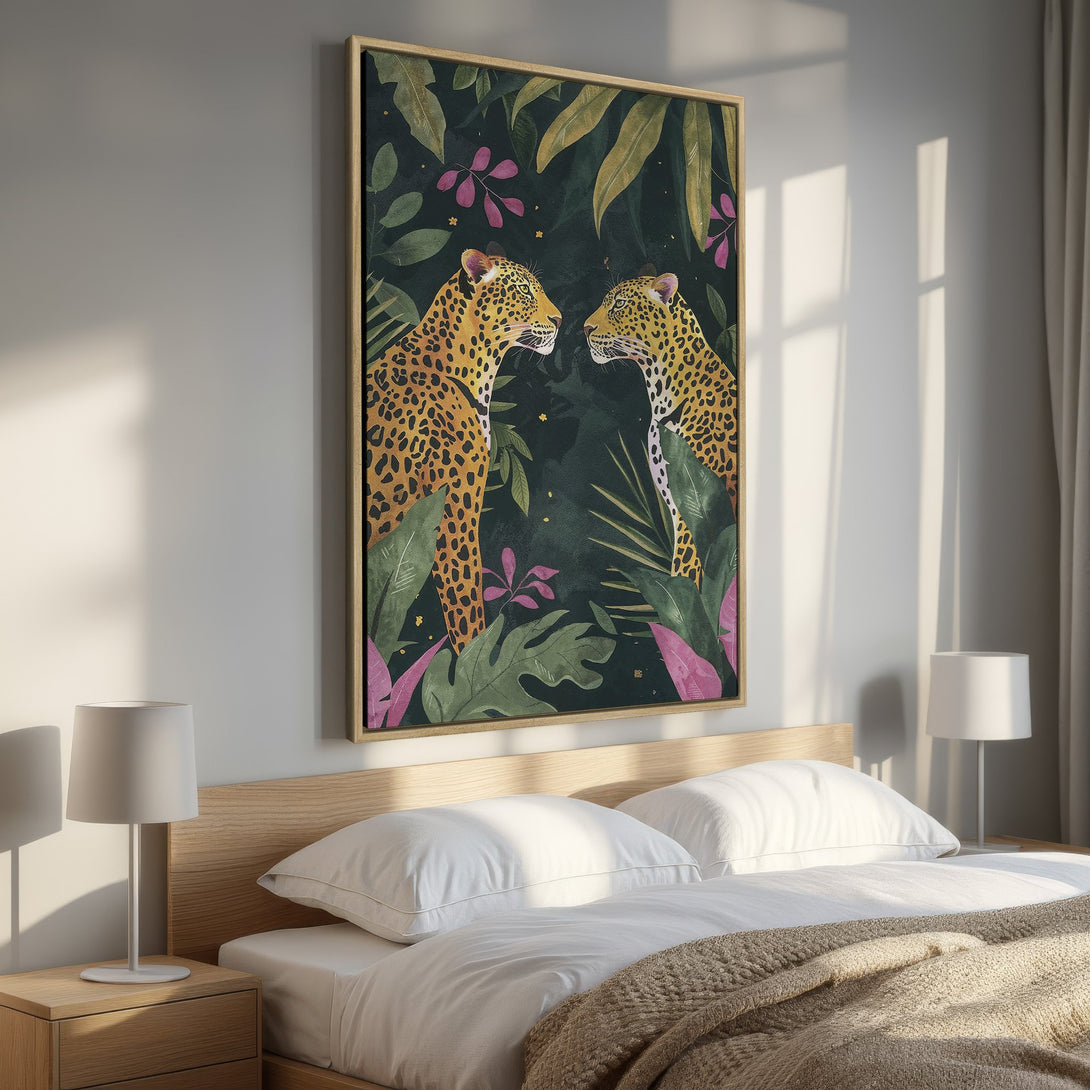 Framed Wall Art featuring leopards in a jungle scene. Tropical-inspired artwork with a dark green, gold, and pink color palette. Perfect for bedroom decor!