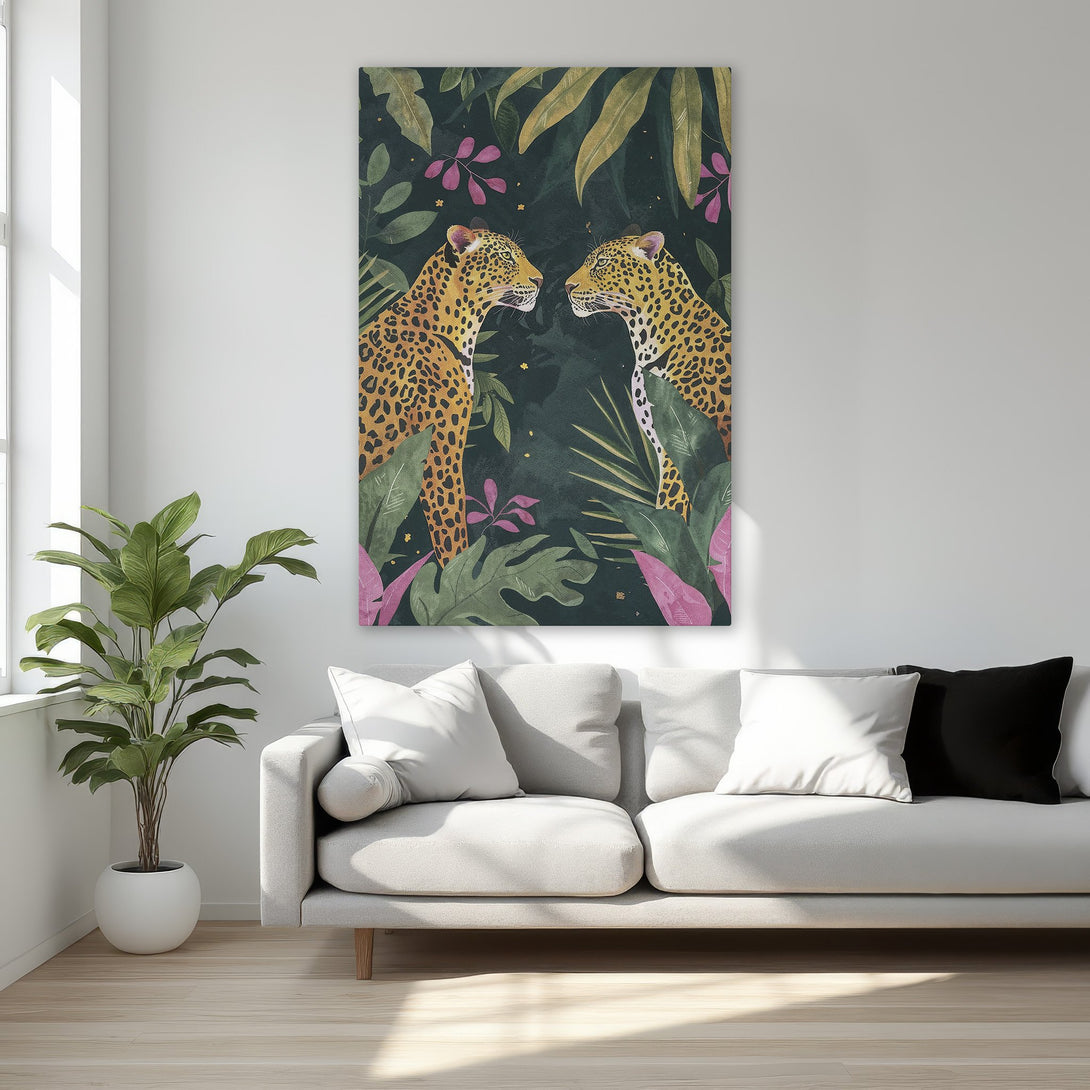 Framed Wall Art: Leopard print canvas with lush tropical foliage in a dark green, gold, and pink color palette. Perfect for adding a touch of luxury.