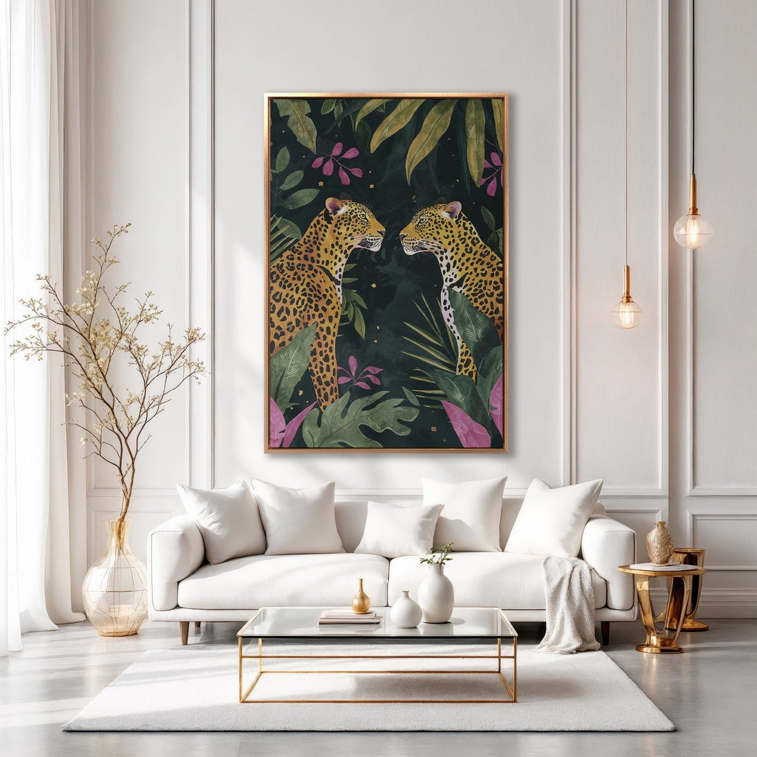 Framed Wall Art featuring leopards in a jungle setting. Rich green, pink, and gold tones enhance this stylish Canvas Print, perfect for modern interiors.