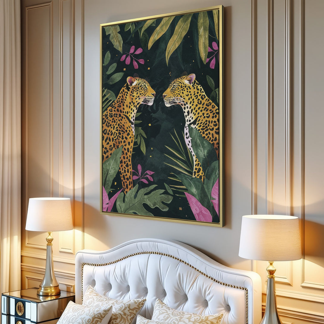 Canvas Print featuring two leopards in a lush jungle scene. Tropical style with a dark green, gold, and pink color palette. Perfect wall art for your home!