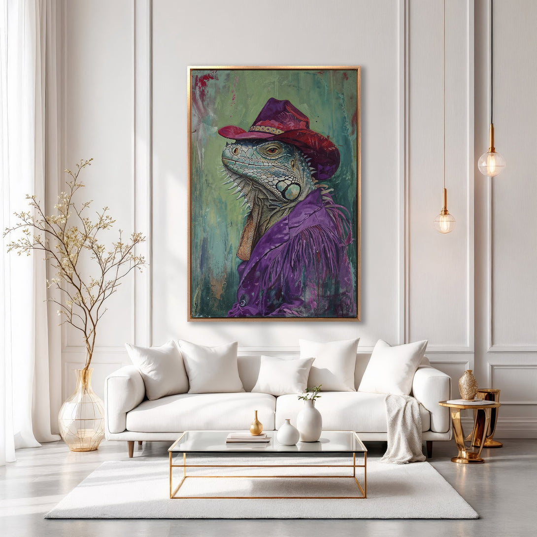 Framed Wall Art: Stylish iguana portrait in purple and teal tones. Modern canvas print for a unique home decor statement.