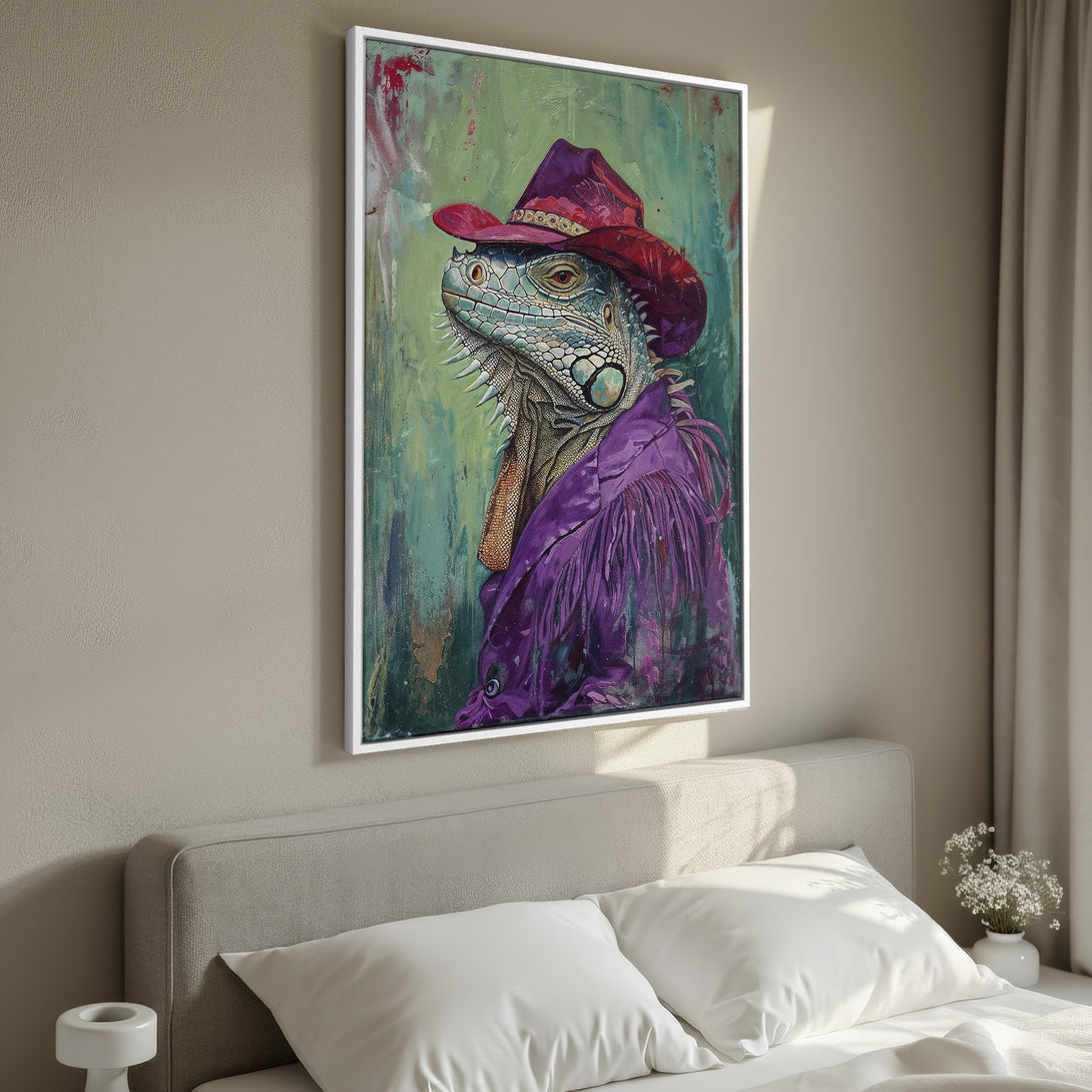 Framed Wall Art: Iguana in cowboy hat, vibrant abstract style. Purple, green, and teal color palette. Unique decor for your home.