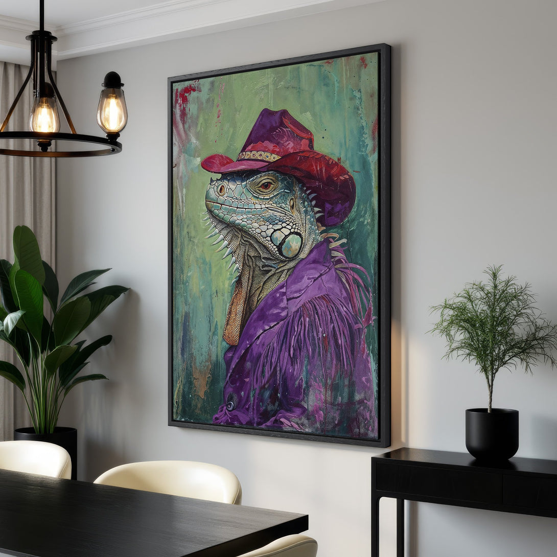 Framed Wall Art: Unique iguana portrait in vibrant purple and teal. Modern abstract style Canvas Print adds personality to any room. Shop now!