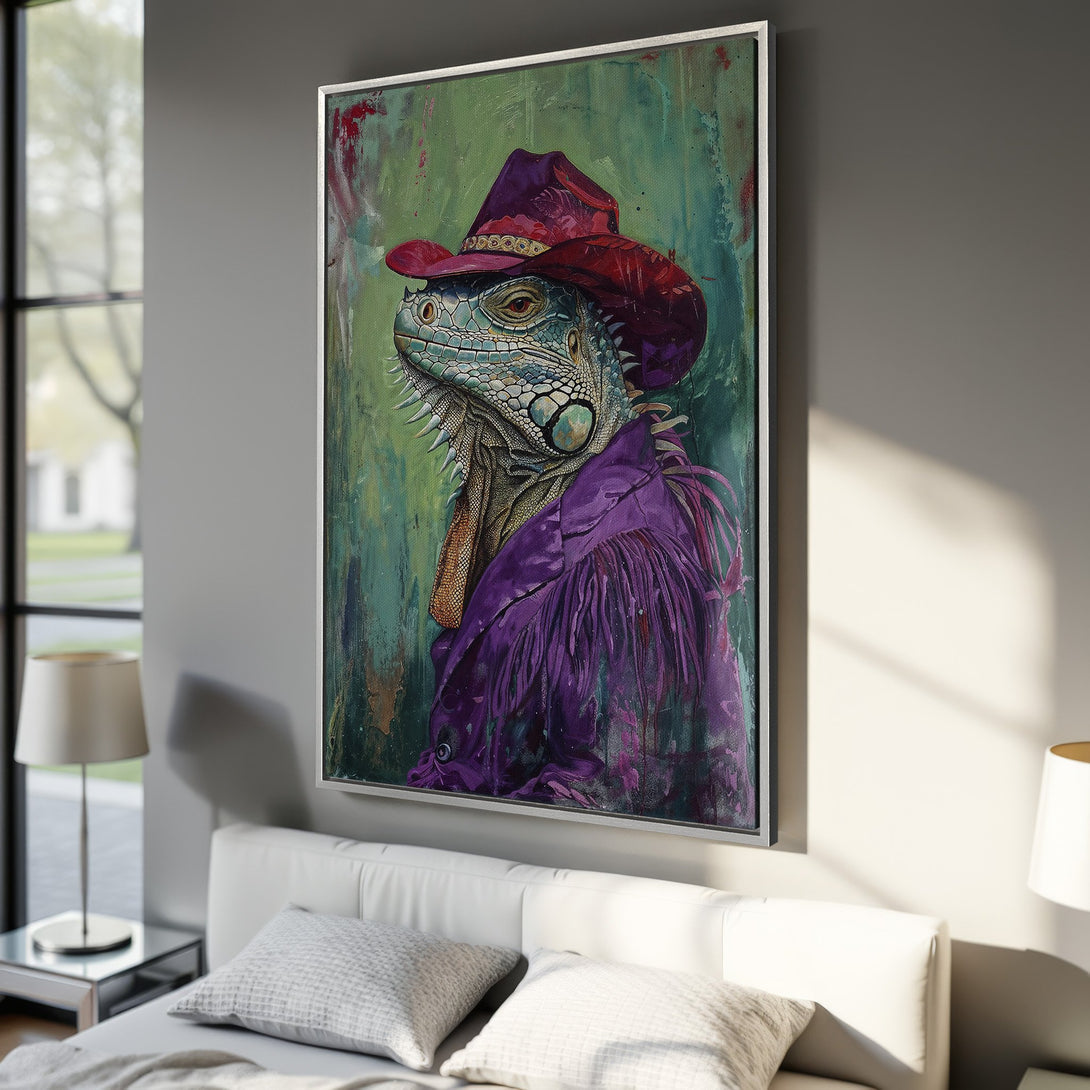 Framed Wall Art: Whimsical iguana portrait in a vibrant, painterly style. Features a purple and green color palette, perfect for adding personality to any room.