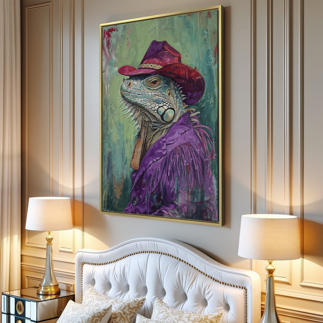 Canvas Print: Stylish iguana portrait in a purple and teal color palette. Modern wall art for a unique home decor statement.