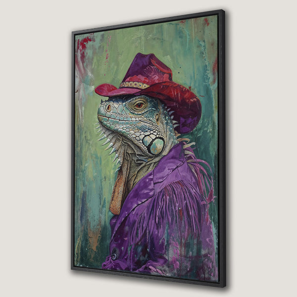 Framed Wall Art: Stylish iguana portrait in a cowboy hat and purple jacket. Unique art piece with a vibrant, colorful palette. Perfect for adding character to any space!