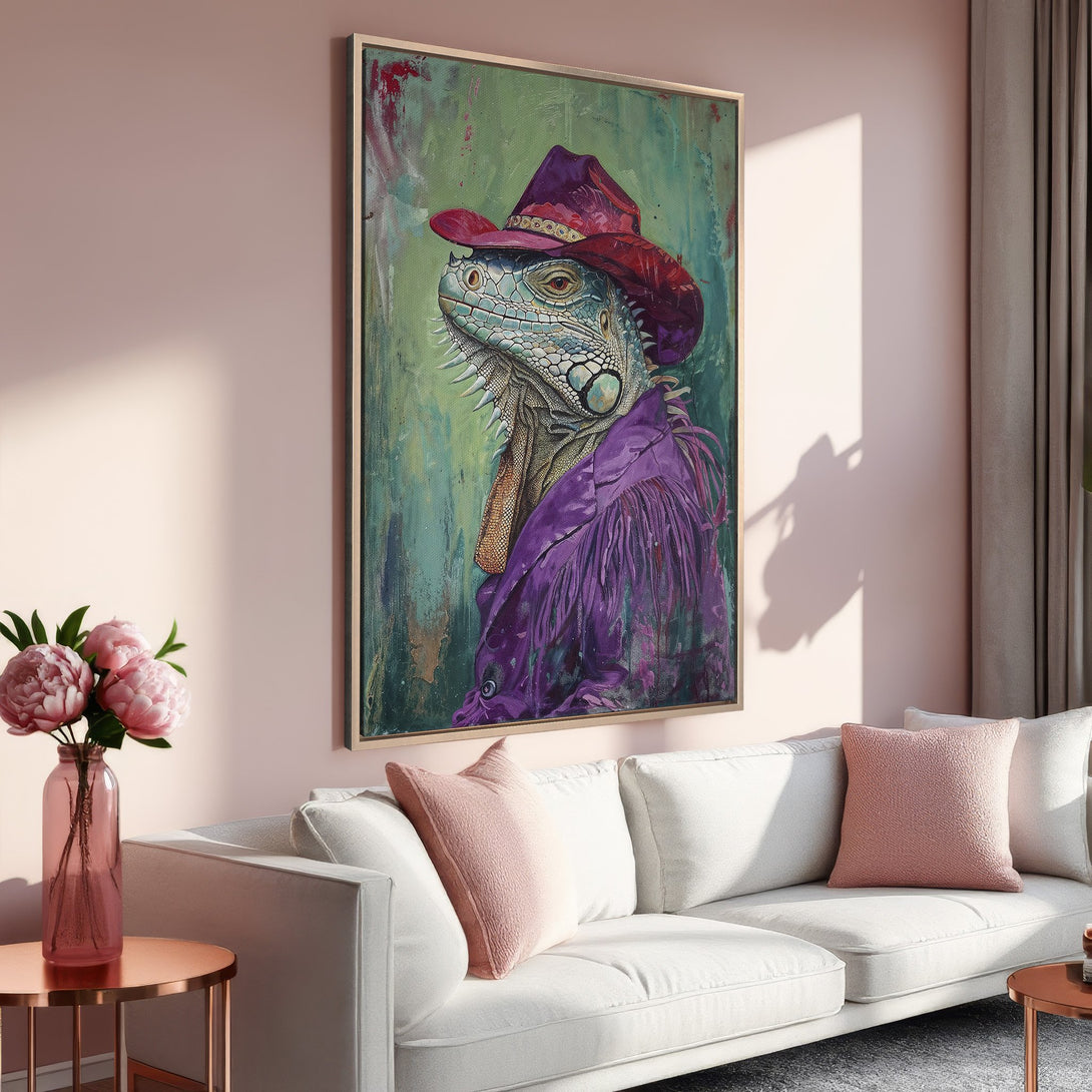 Framed Wall Art featuring an iguana in a cowboy hat. Modern, colorful painting with a purple, green, and blue color palette. Perfect for home decor.