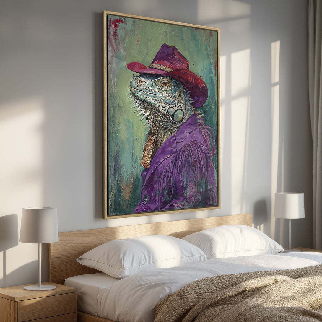 Framed Wall Art: Unique iguana portrait in a cowboy hat. Colorful abstract style with purple, green, and red hues. Perfect for adding personality to your space!