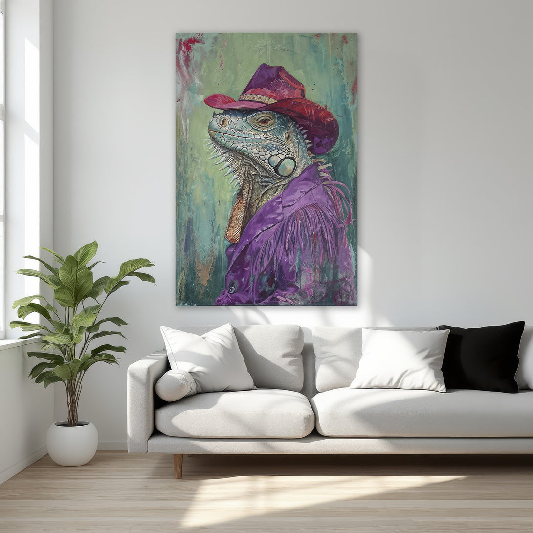 Framed Wall Art featuring a stylish iguana in a purple outfit. Modern, colorful artwork with a vibrant green, purple, and teal palette. Perfect for home decor!