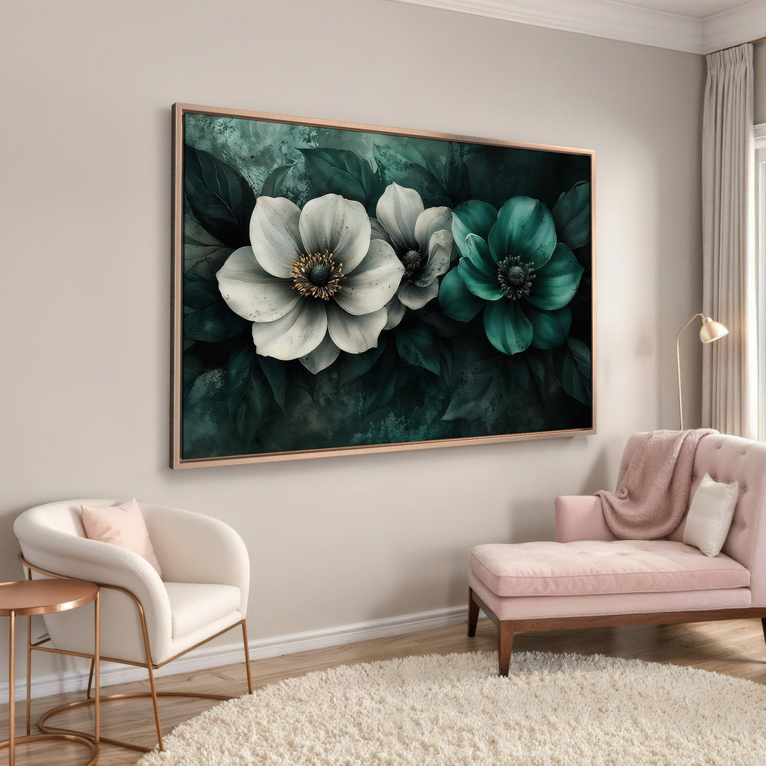 Framed Wall Art featuring elegant floral design in white and teal hues. Modern botanical Canvas Print adds a touch of sophistication to any space.