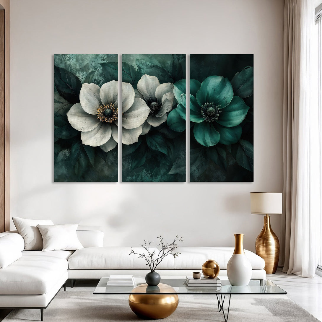 Canvas Print of elegant floral art in teal and white, perfect for modern home decor.