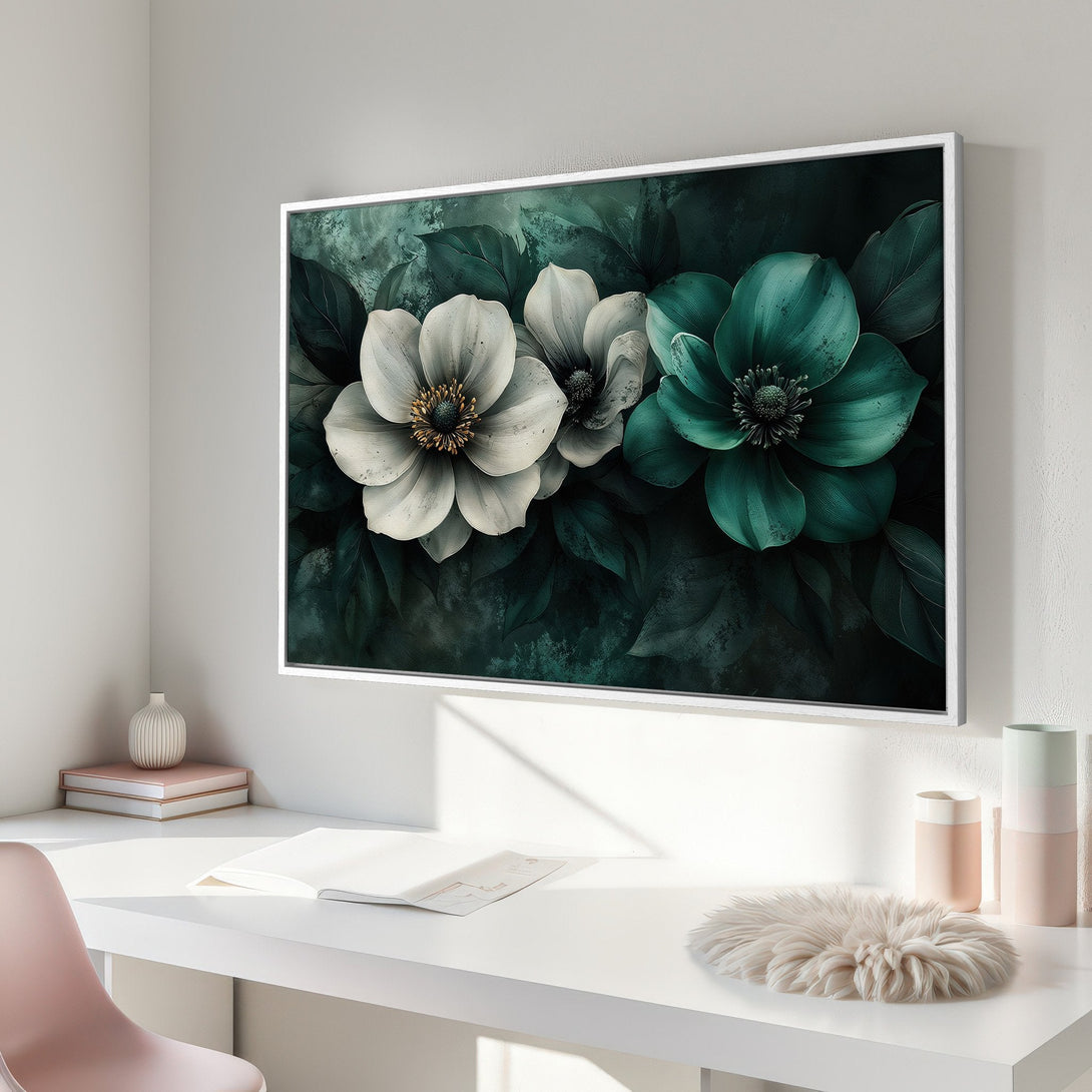 Framed Wall Art featuring elegant floral design in teal and white. Modern botanical print with a dark, moody color palette. Perfect for any space!