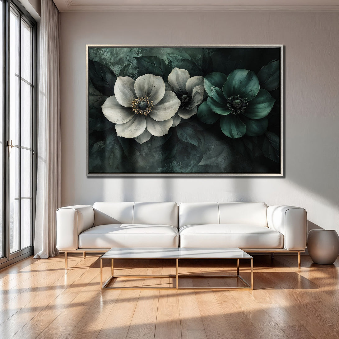 Framed Wall Art: Large floral Canvas Print in moody green and white, perfect for modern interior decor. Adds elegance and sophistication.