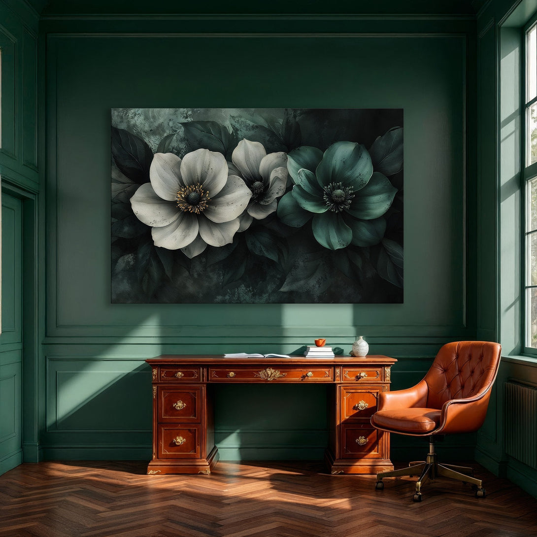 Framed Wall Art featuring elegant floral design in white and teal on a dark green background. Perfect for adding modern style to any space.