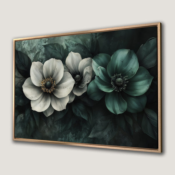 Framed Wall Art featuring elegant floral artwork. Dark green and white flowers with a gold frame create a sophisticated, nature-inspired decor piece.