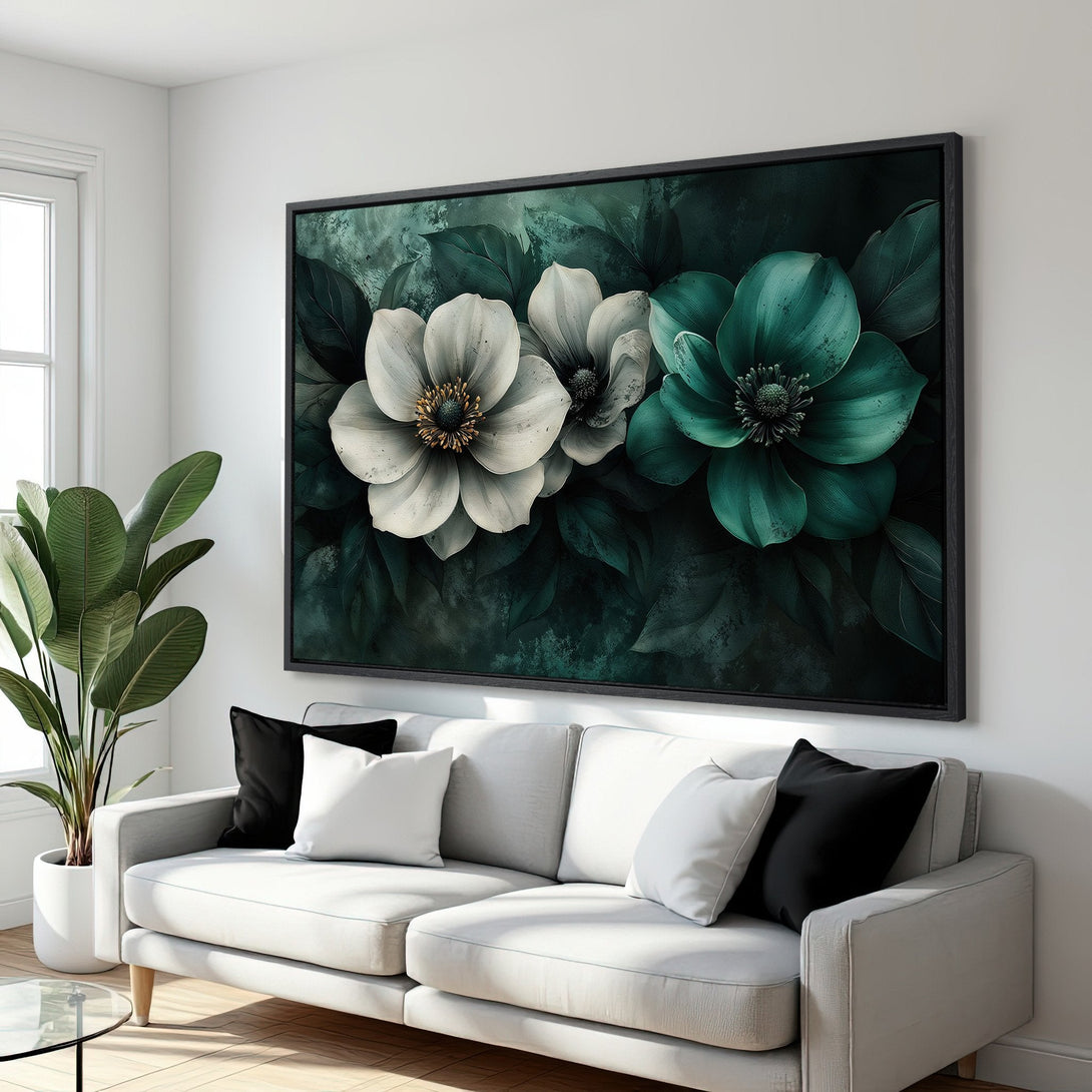 Framed Wall Art featuring elegant floral design in teal and white, perfect for modern home decor. Adds a touch of nature and sophistication.