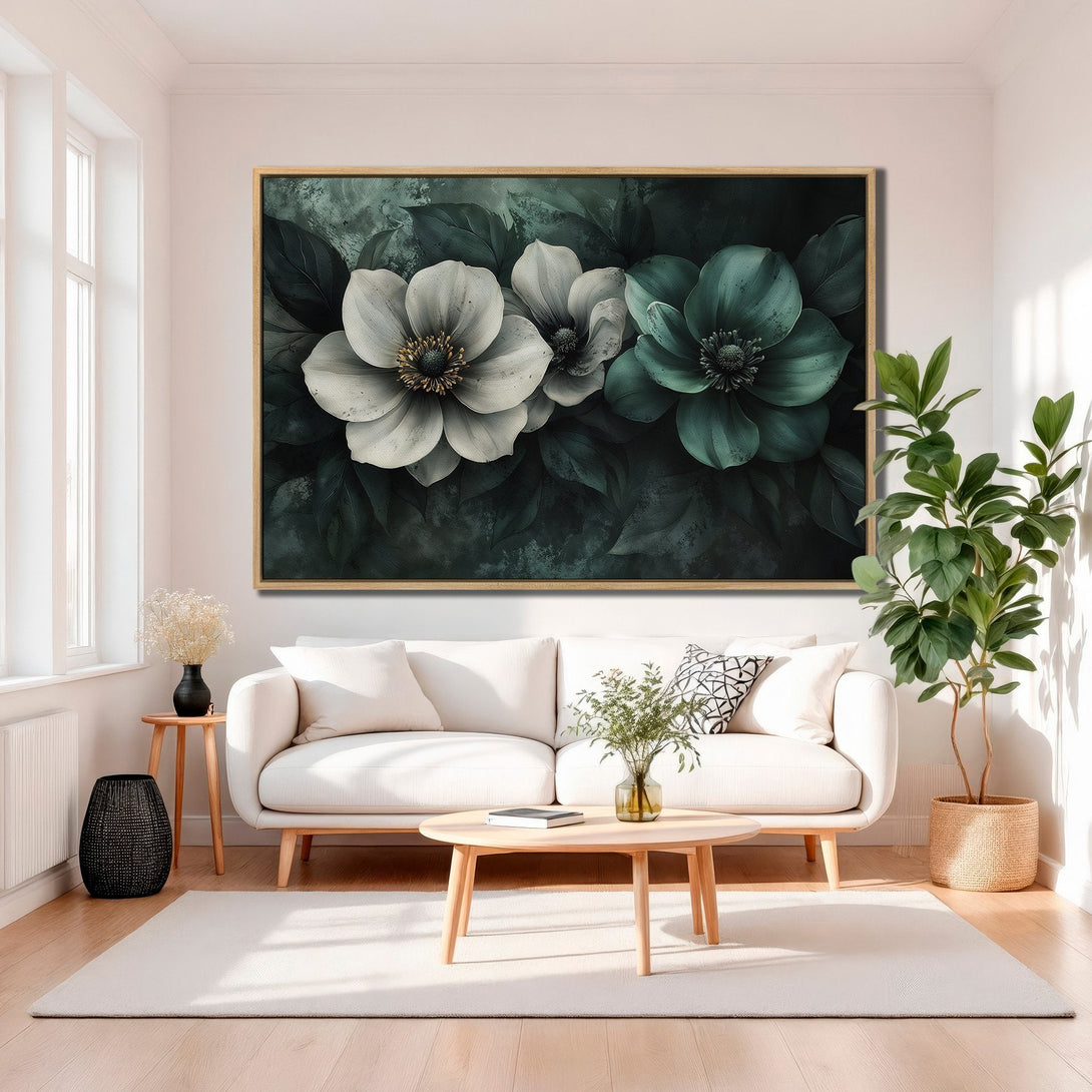 Framed Wall Art of elegant floral design in a modern living room. Features a dark green and white color palette, perfect for home decor.