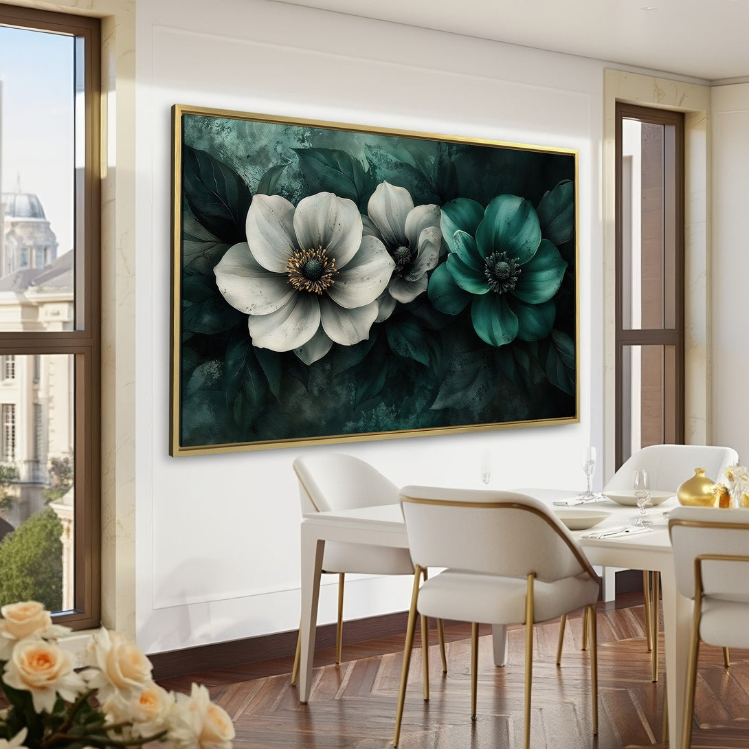 Canvas Print of elegant floral art in a moody, dark green and white color palette, perfect for adding a touch of sophistication to any space.