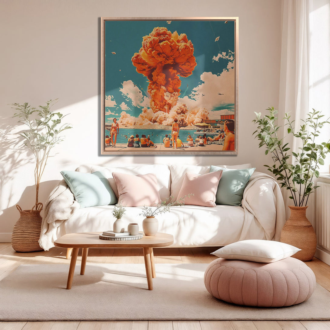 Framed Wall Art: Retro-style print with a nuclear explosion scene, vibrant orange, blue, and peach color palette, perfect for adding a unique touch to your living room.