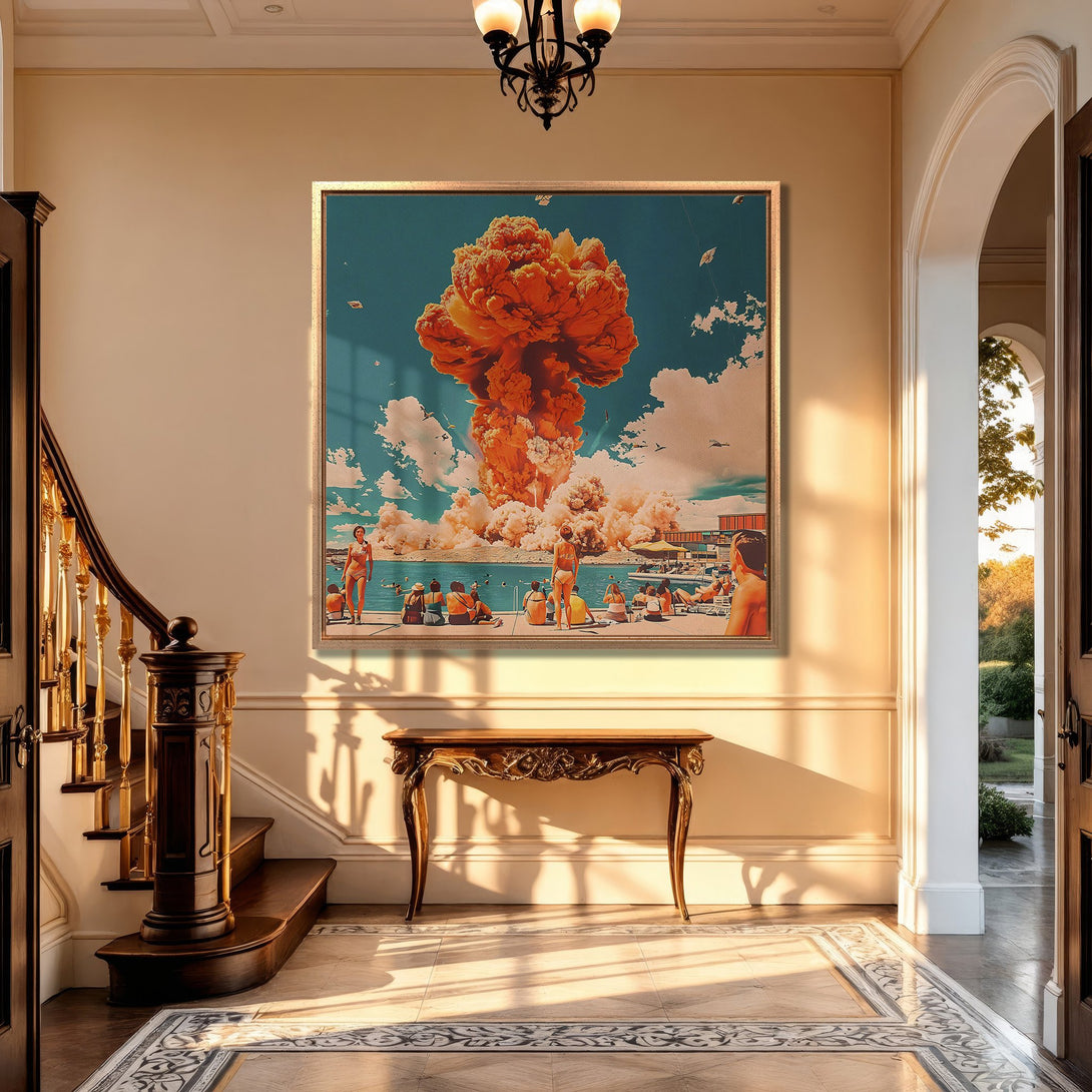 Framed Wall Art: Surreal beach scene with orange explosion against a teal sky. Modern art in a warm, inviting interior. Add a statement piece to your home!