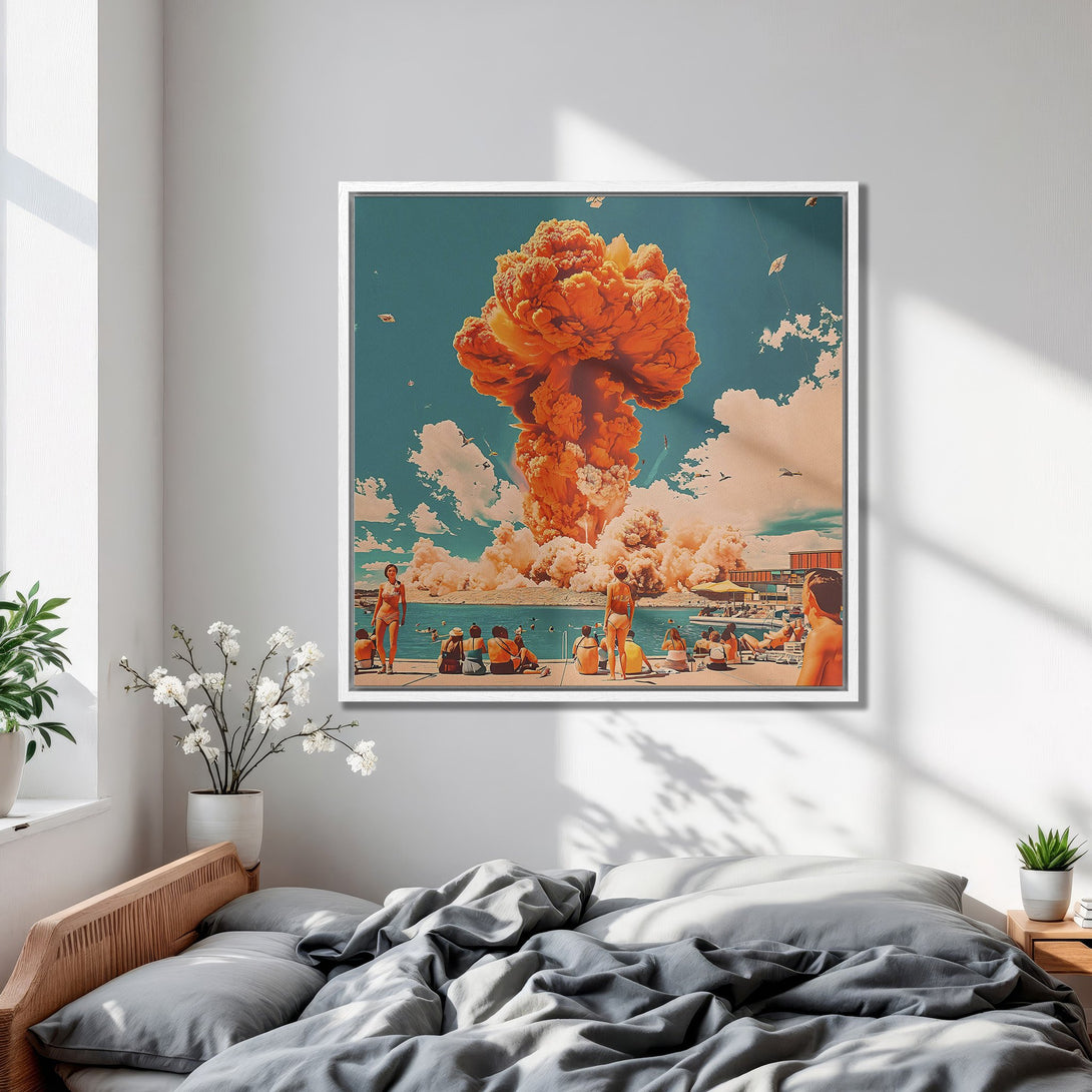 Framed Wall Art: Surreal beach scene with vibrant orange explosion, retro style, and teal/orange color palette. Perfect for modern home decor.