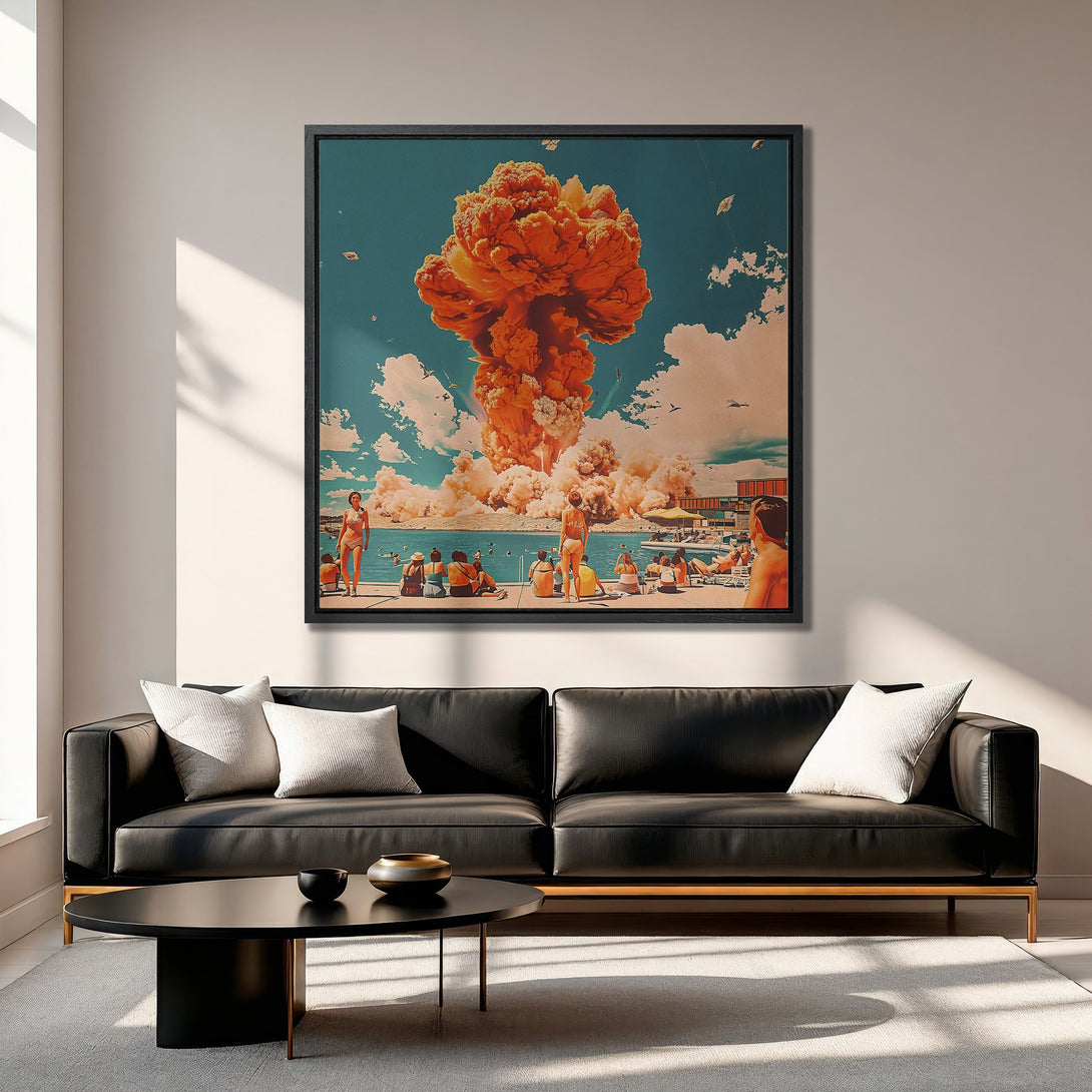 Framed Wall Art: Retro-style beach scene with orange explosion, teal sky and people. Adds a unique pop of color to any space!