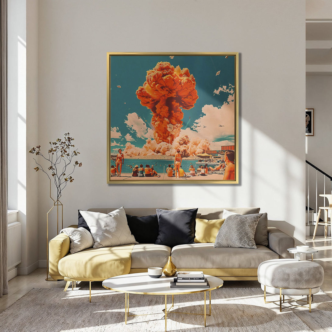 Canvas Print featuring a surreal beach scene with an atomic explosion in orange and teal. Modern wall art for a bold statement.