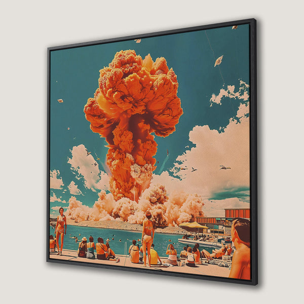 Framed Wall Art of a surreal beach scene with a vibrant orange explosion. Retro-style artwork with a teal, orange, and peach color palette. Add a unique touch to your space!
