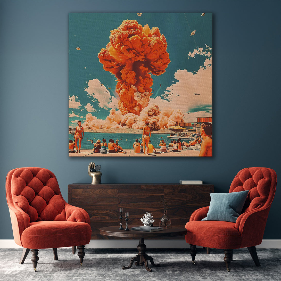 Framed Wall Art: Retro-style canvas print featuring a surreal beach scene with vibrant orange explosion. Warm, inviting color palette perfect for any interior.