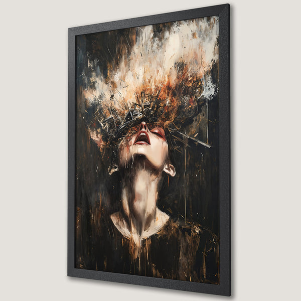 Framed Poster: Abstract art of a woman with a dark, dramatic color palette. Expressive painting style, perfect for modern decor.