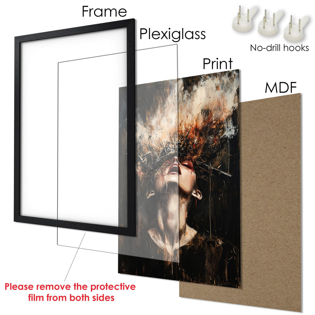 Framed Poster featuring a woman's face in an abstract, dark style with a warm, earthy color palette. Ready to hang!