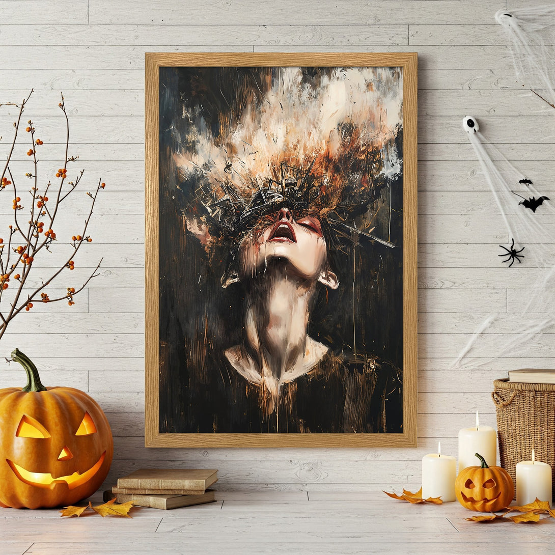 Framed Poster of a woman with abstract art style, dark and earthy color palette. Perfect Halloween decor!