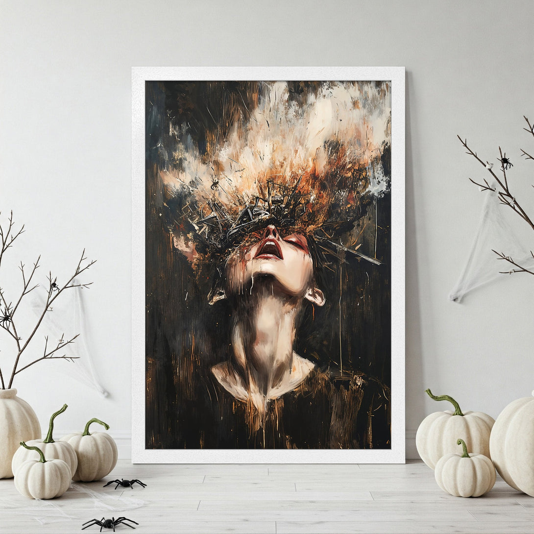 Framed Poster featuring an abstract woman with dark, moody tones and a striking color palette. Perfect wall art for a bold statement.