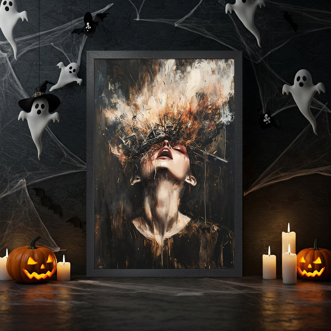 Framed Poster featuring an abstract portrait in dark, moody tones. Perfect Halloween decor!