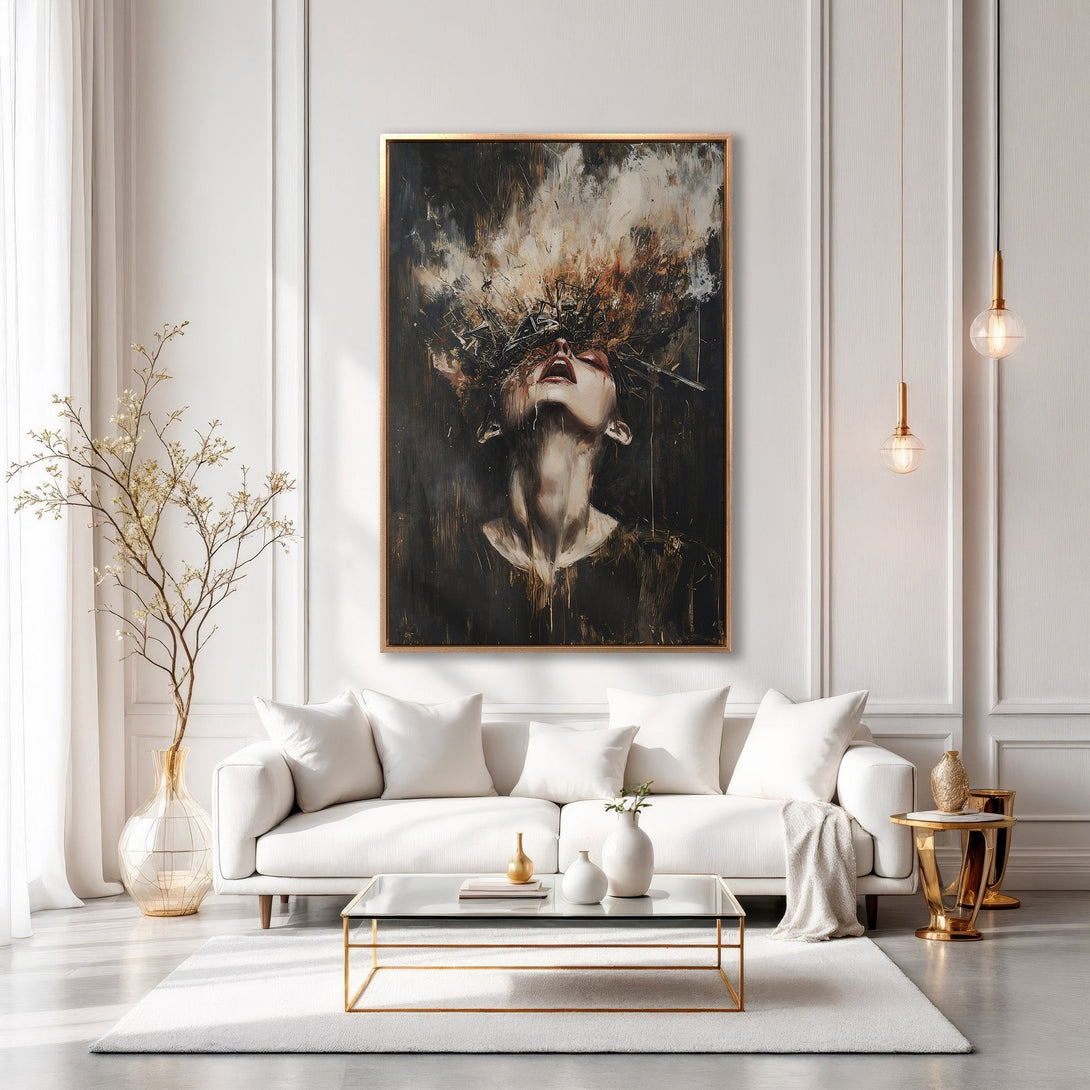 Framed Wall Art: Abstract portrait in dark, moody tones. Modern interior with a neutral color palette. Elevate your space with unique wall decor.