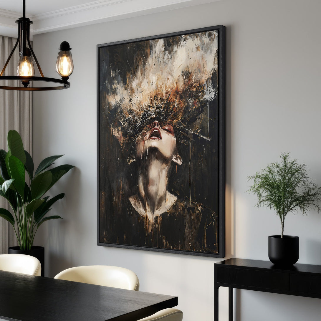 Framed Wall Art: Abstract expressionist portrait in dark, moody tones. Dramatic canvas print with a black frame, perfect for modern interior decor.