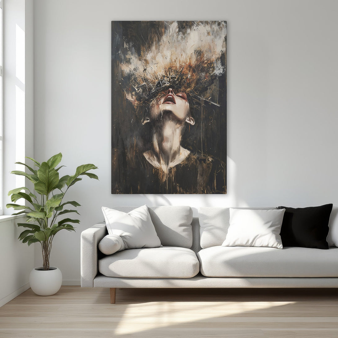 Framed Wall Art: Abstract portrait in dark, warm tones. Dramatic expressionist style with a black, brown, and red color palette. Elevate your space!