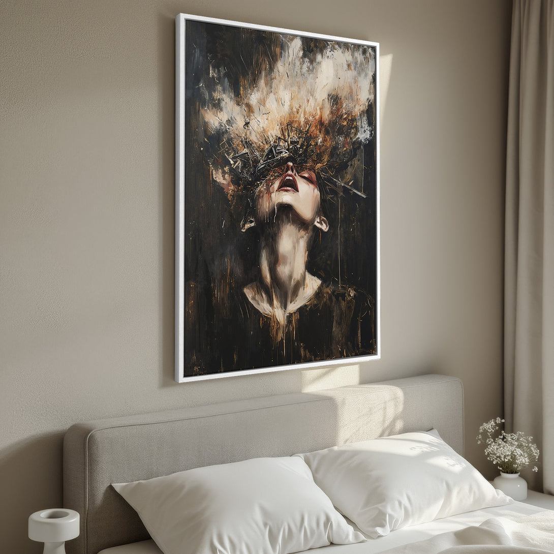 Framed Wall Art featuring an expressive portrait with dark, warm tones. Perfect for adding a touch of art to your bedroom decor.