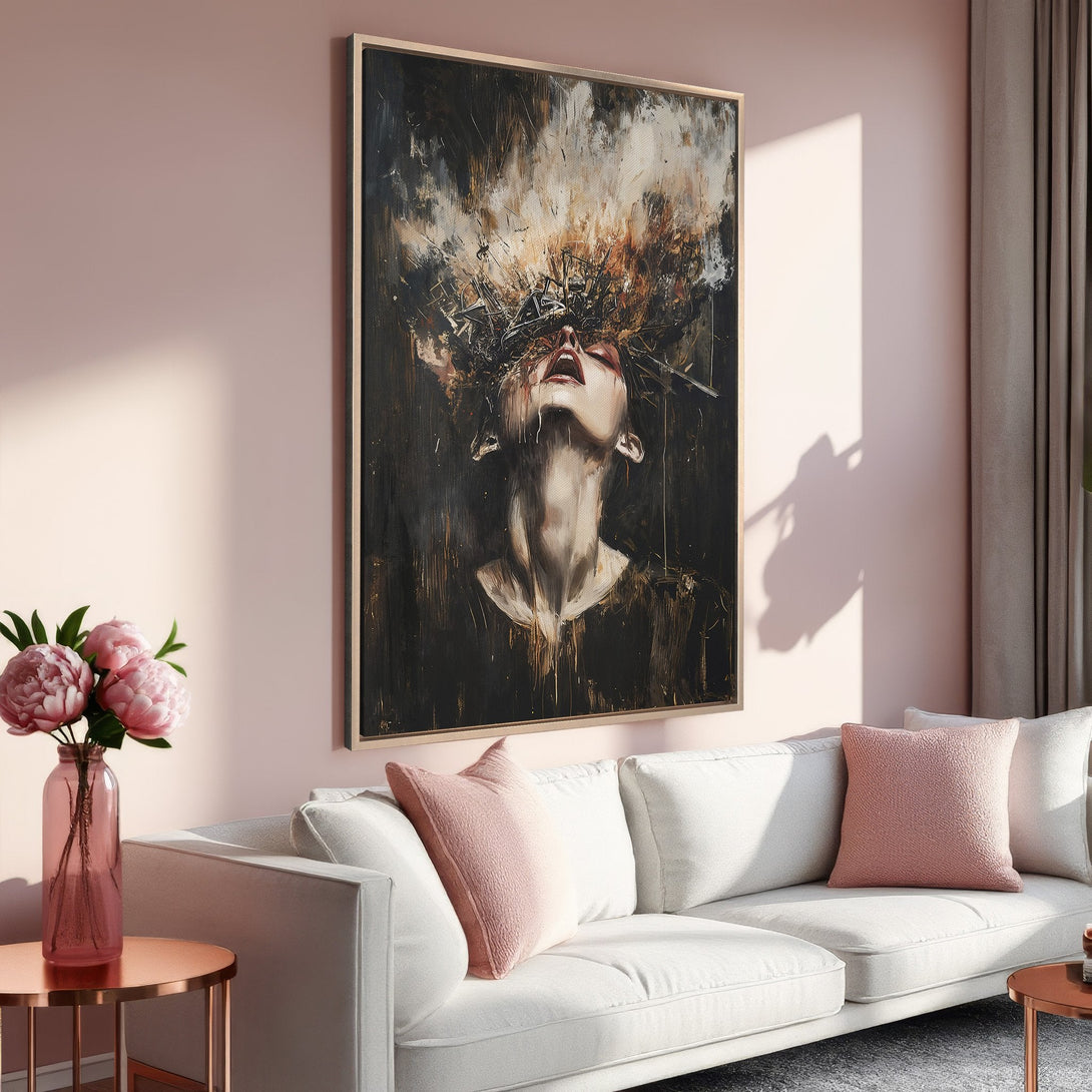 Framed Wall Art of a woman's face in abstract style with a dark, warm color palette. Adds modern art to any living room.