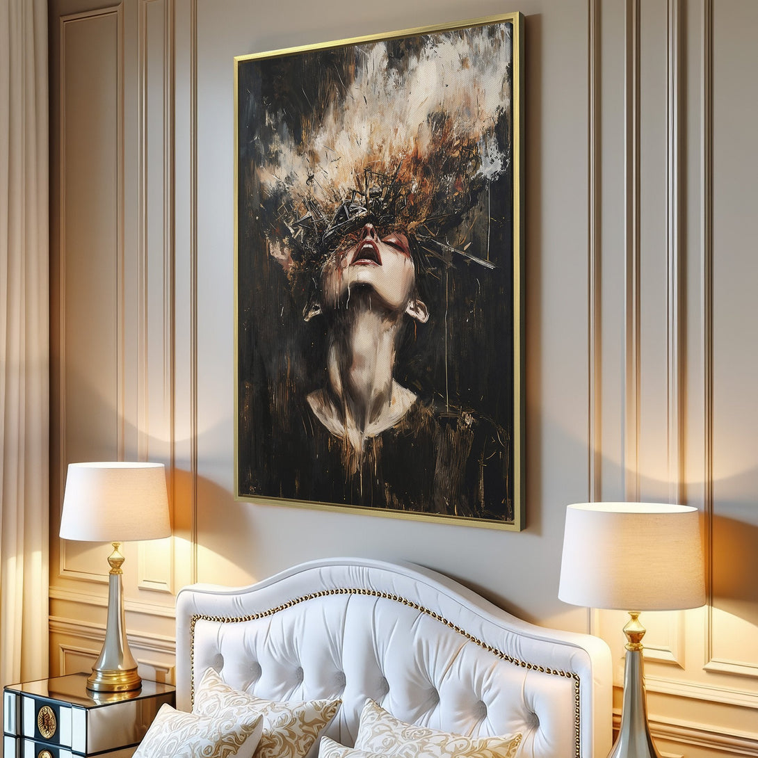 Canvas Print featuring an expressive portrait in a dark, moody palette. Dramatic wall art with a modern, abstract style.