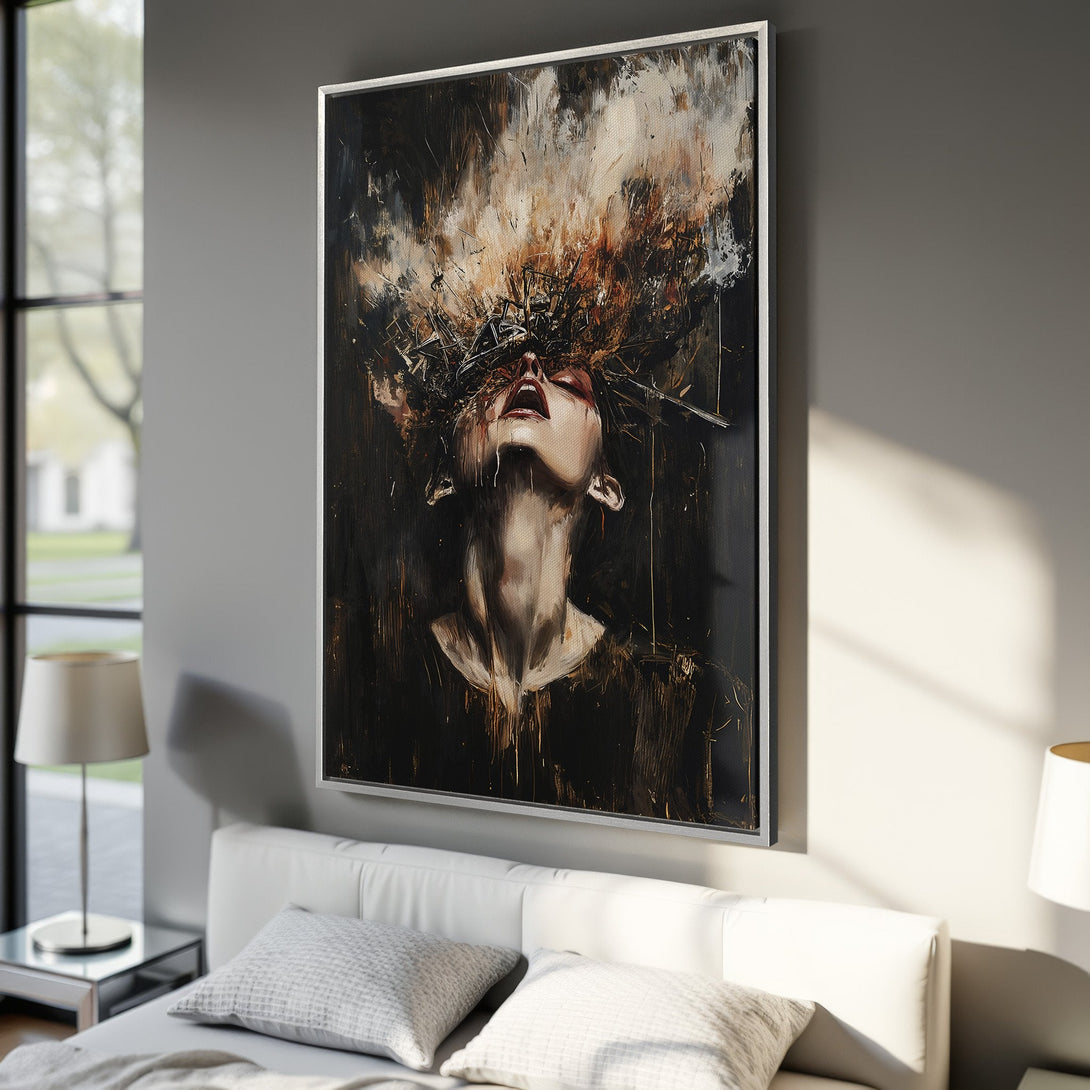 Framed Wall Art: Abstract portrait canvas print in dark, moody tones. Modern art with a dramatic black, brown, and red color palette. Perfect for bedroom decor.
