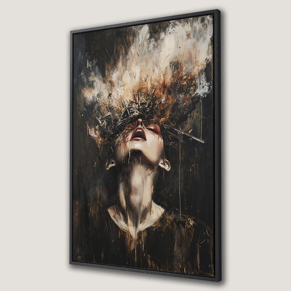 Framed Wall Art: Abstract expressionist canvas print featuring a woman with a dramatic, dark color palette of blacks, browns, and gold. Perfect for modern interiors.