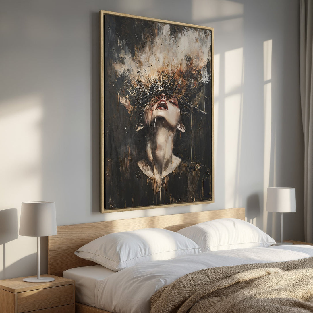 Framed Wall Art: Abstract portrait canvas print with a dark, moody color palette. Dramatic art for bedroom decor. Expressive, modern style.