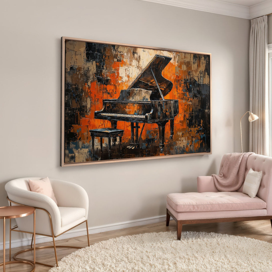 Framed Wall Art: Abstract piano art in warm orange, black, and brown tones. Modern decor for living room or bedroom. Add a touch of elegance!